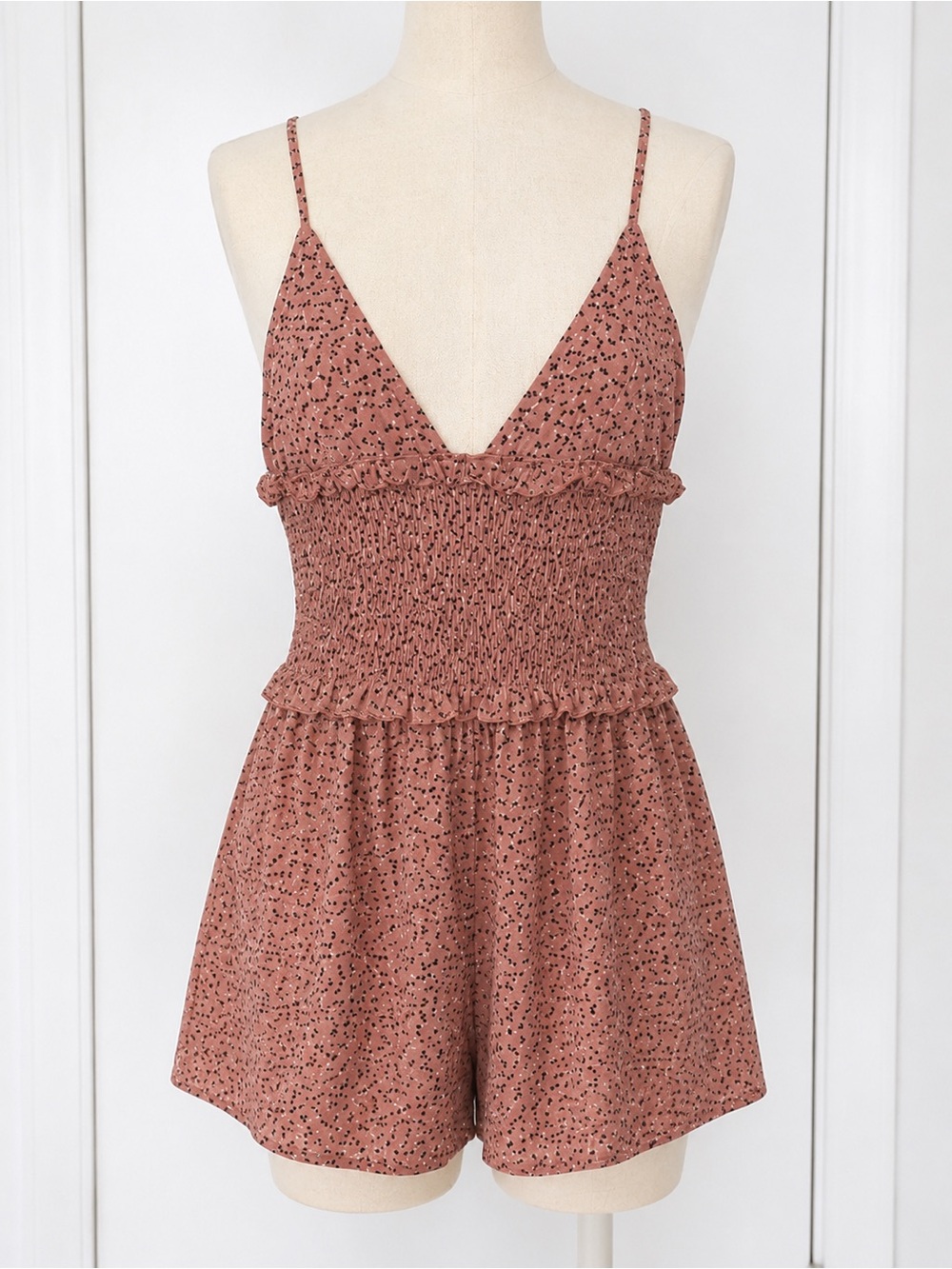 Blush Pink, Smocked Waist, Thin Strap, Floral Romper